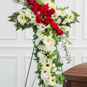 Red & White Sympathy Cross Standing Spray