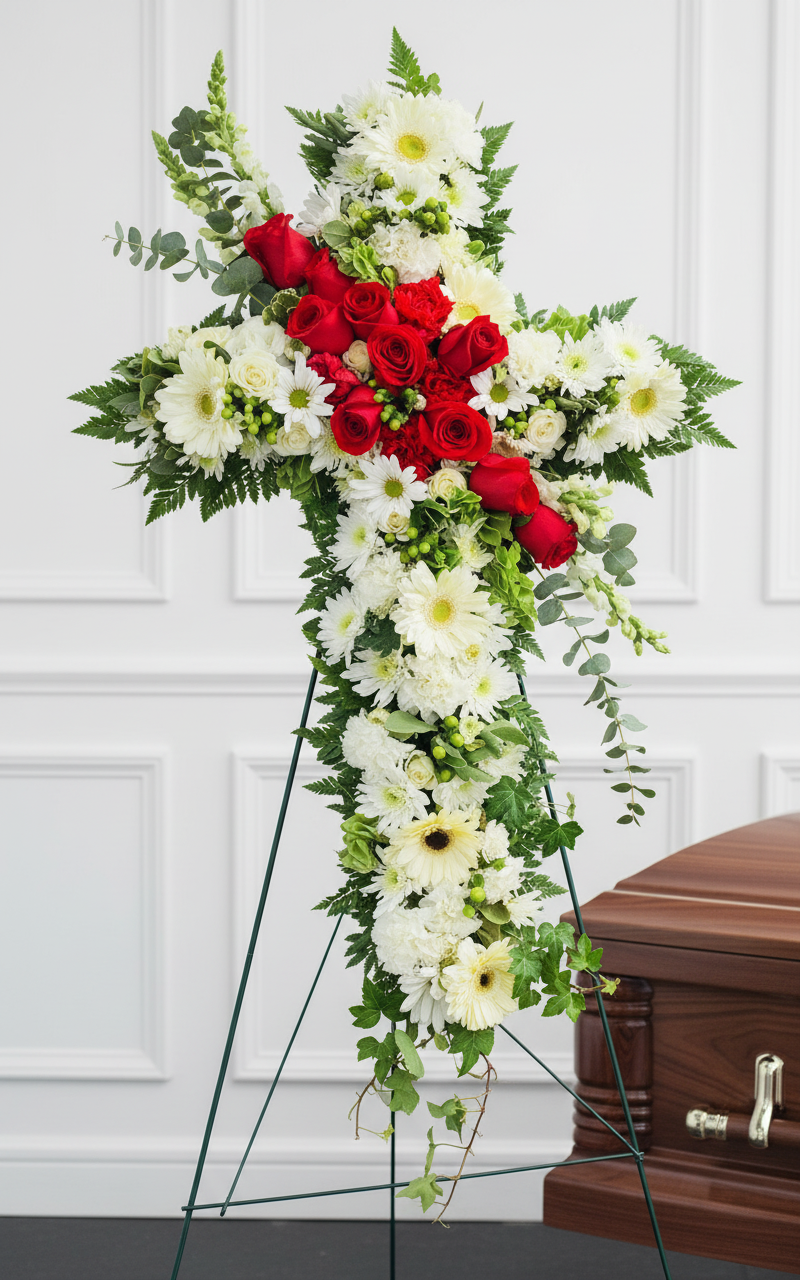 Red & White Sympathy Cross Standing Spray